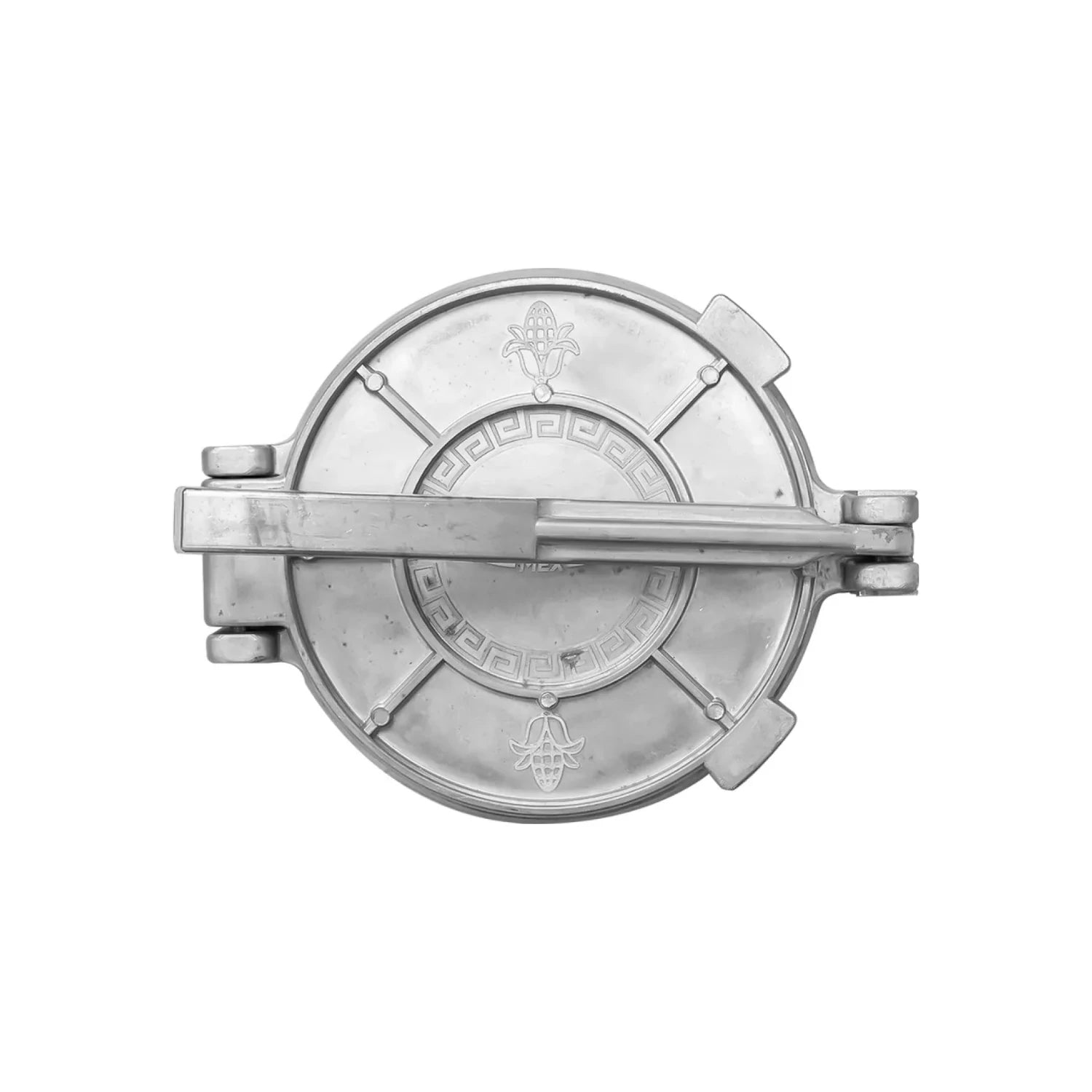 Prensa para tortillas manual de aluminio color plata, diseño grabado de mazorca y patrón griego, para hacer tortillas frescas