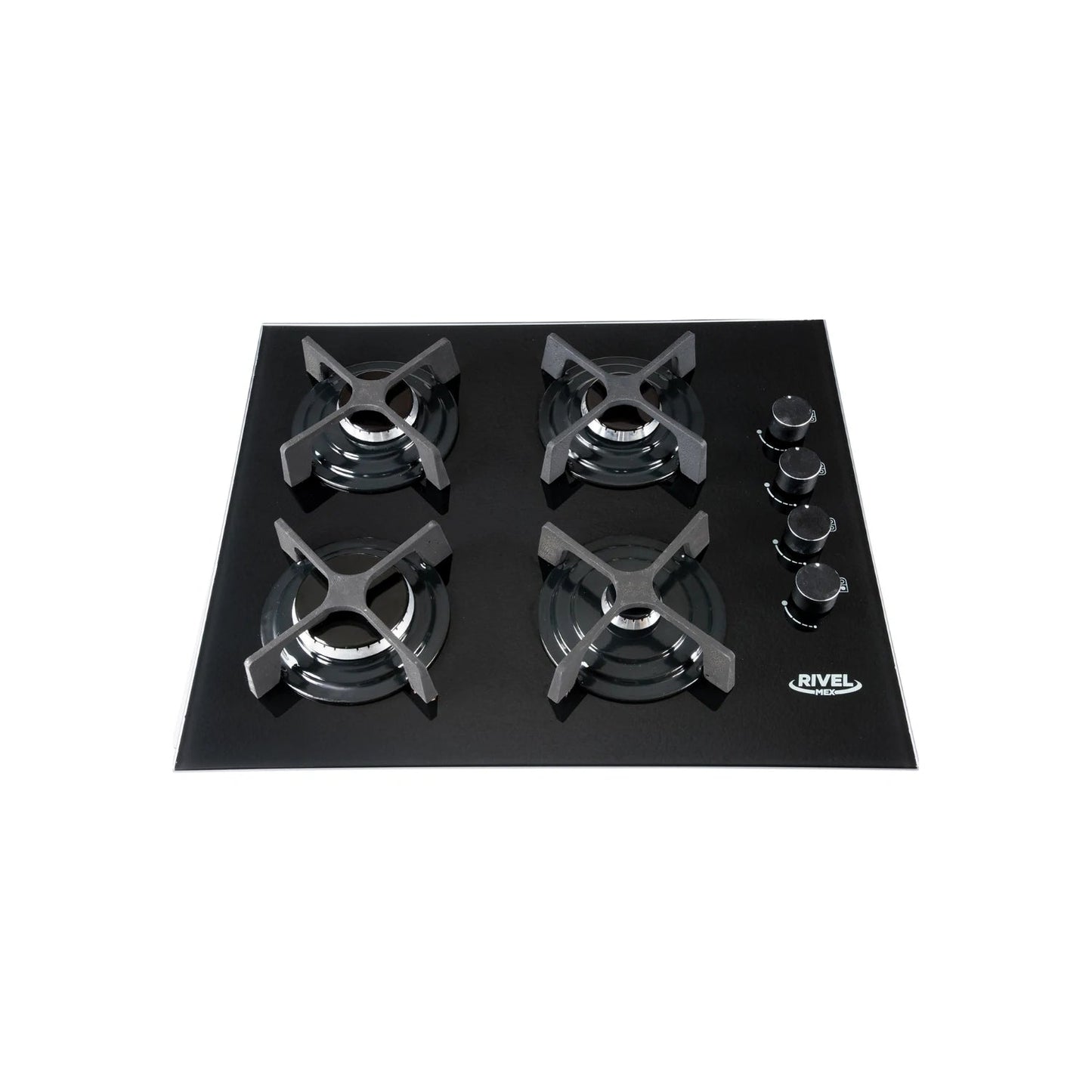 Parrilla empotrable Rivelmex de 4 quemadores a gas, superficie de cristal templado negro y perillas de control frontales