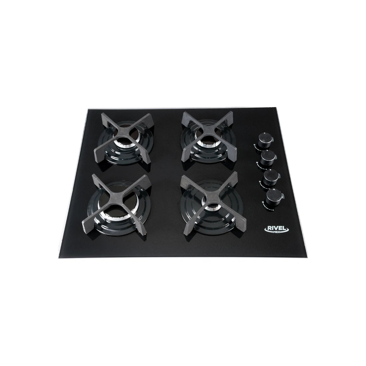 Parrilla empotrable Rivelmex de 4 quemadores a gas, superficie de cristal templado negro y perillas de control frontales
