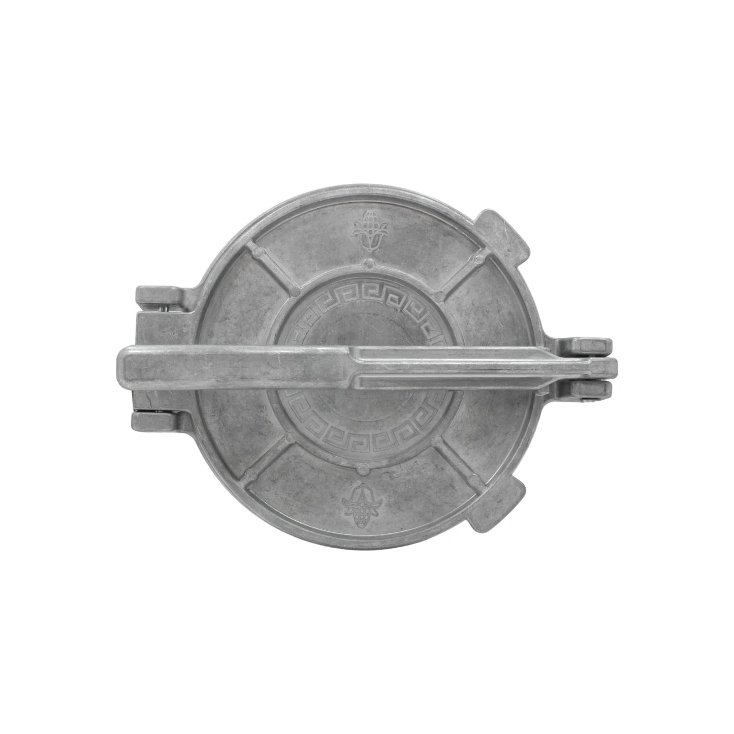 Maquina para tortillas de aluminio fundido, circular gris, con diseño decorativo Alfamex