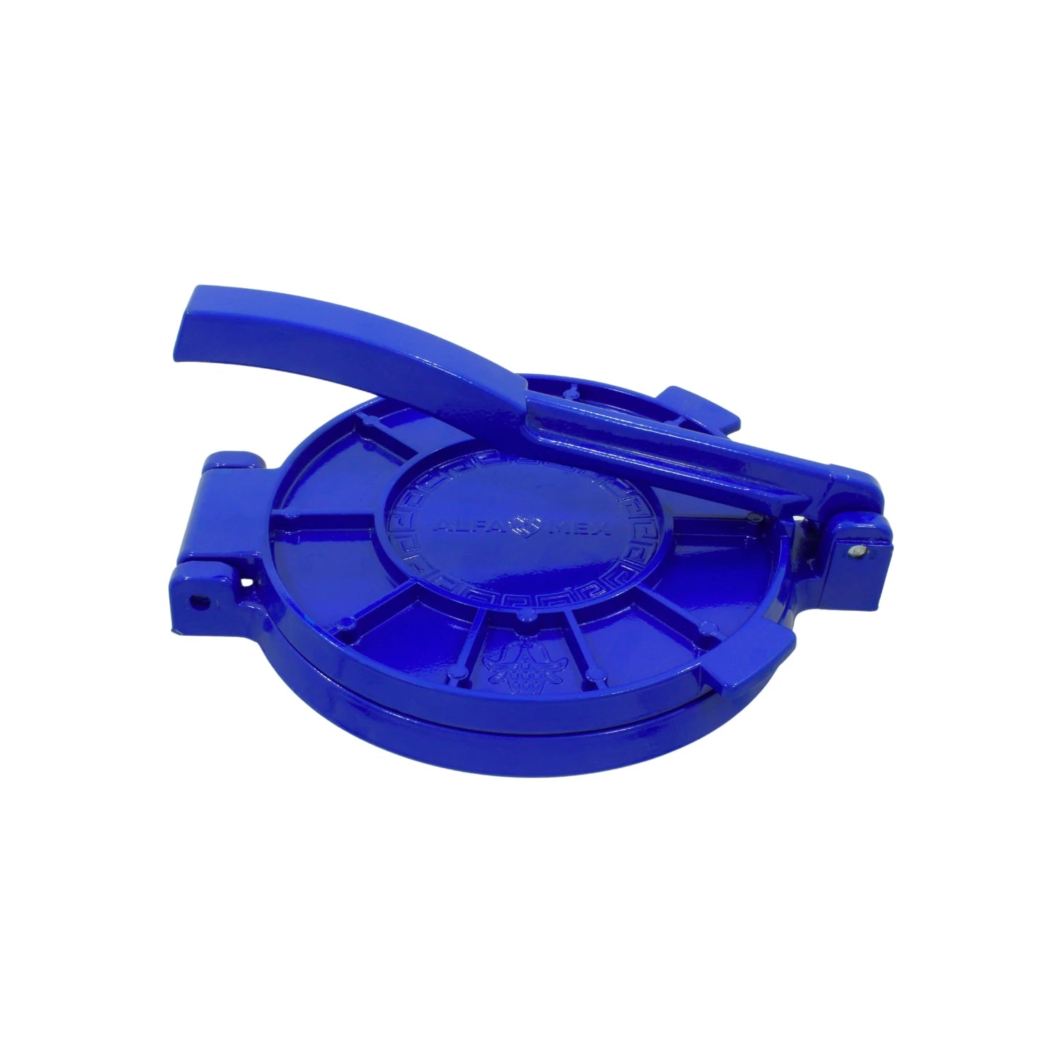 Prensa de tortillas manual Alfamex, acabado azul metálico. Herramienta resistente para tortillas caseras.