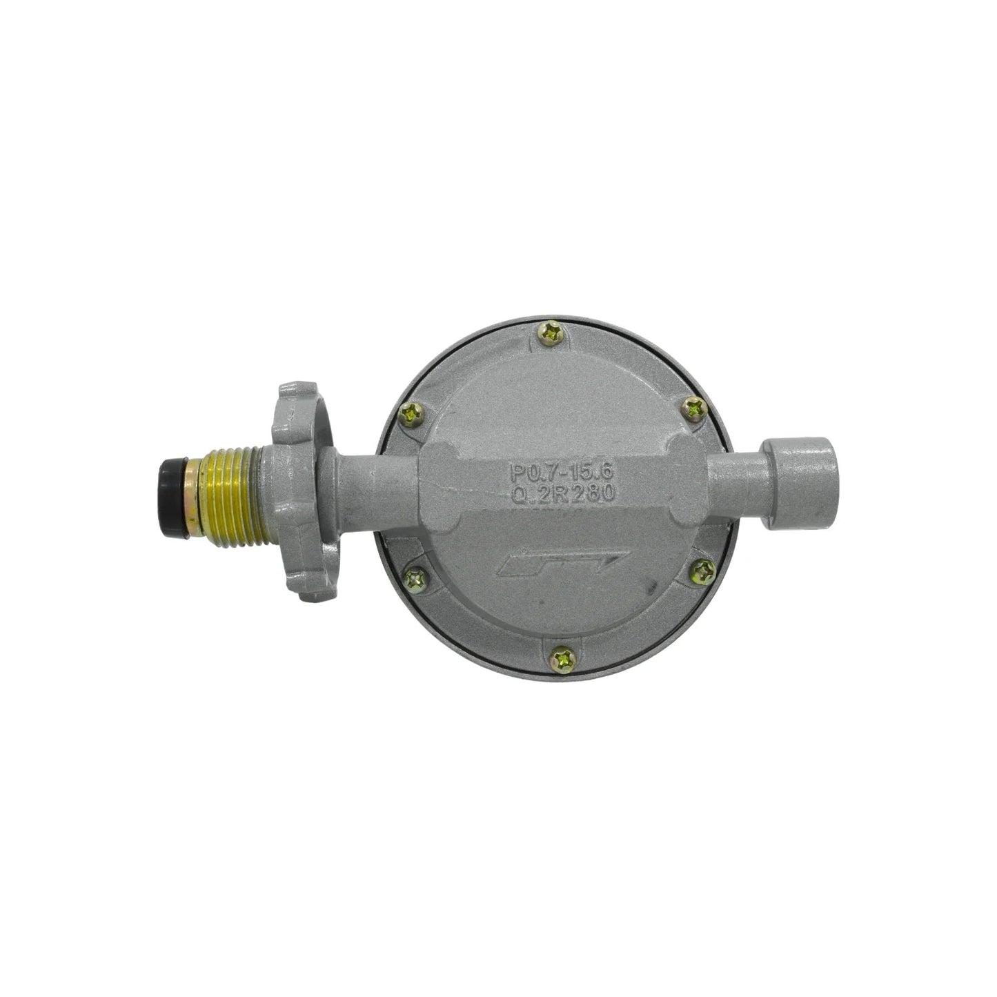Regulador de gas LP gris con conexión tipo punta pool y salida para manguera de gas, presión baja.