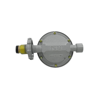 Regulador de gas LP gris con conexión tipo punta pool y salida para manguera de gas, presión baja.