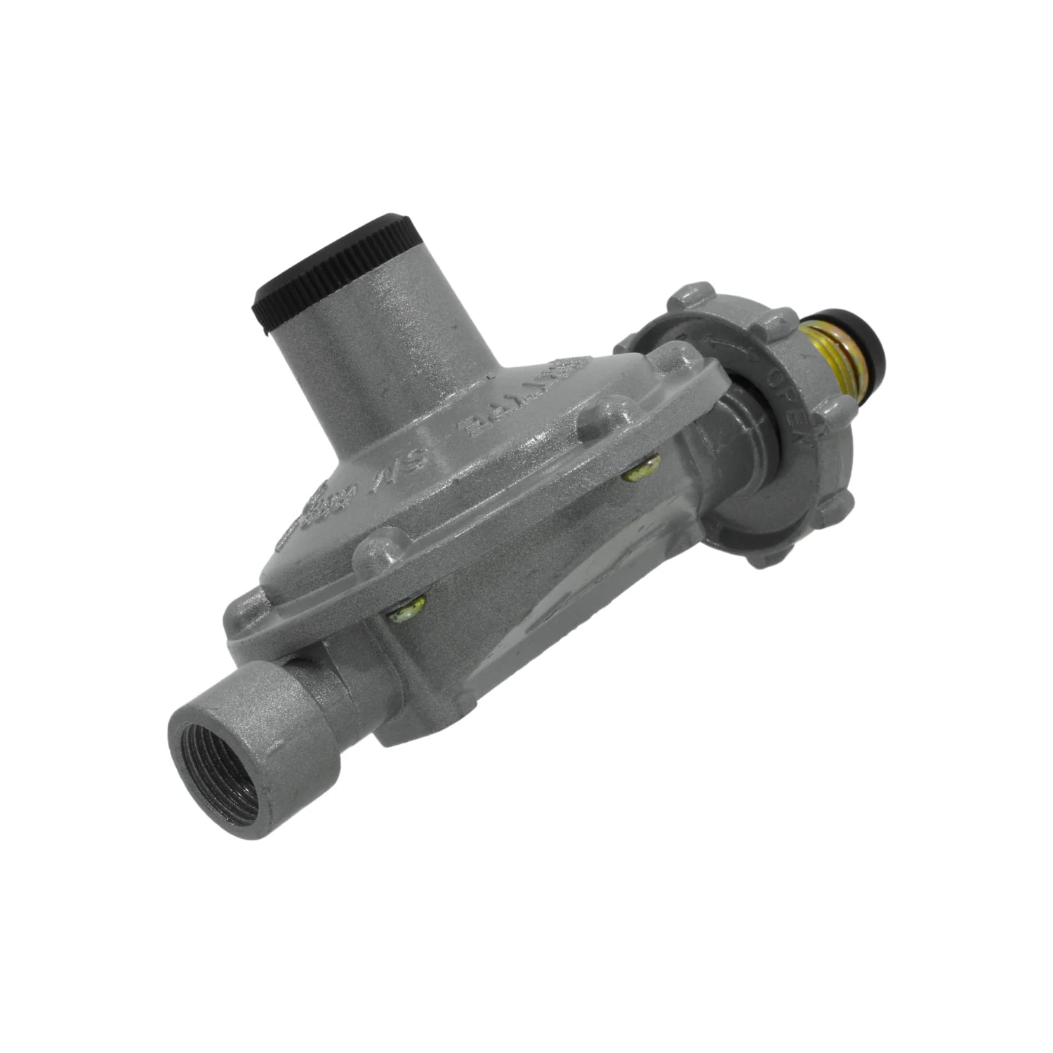 Regulador de gas LP gris con punta pool para uso en tanques y cilindros de gas.