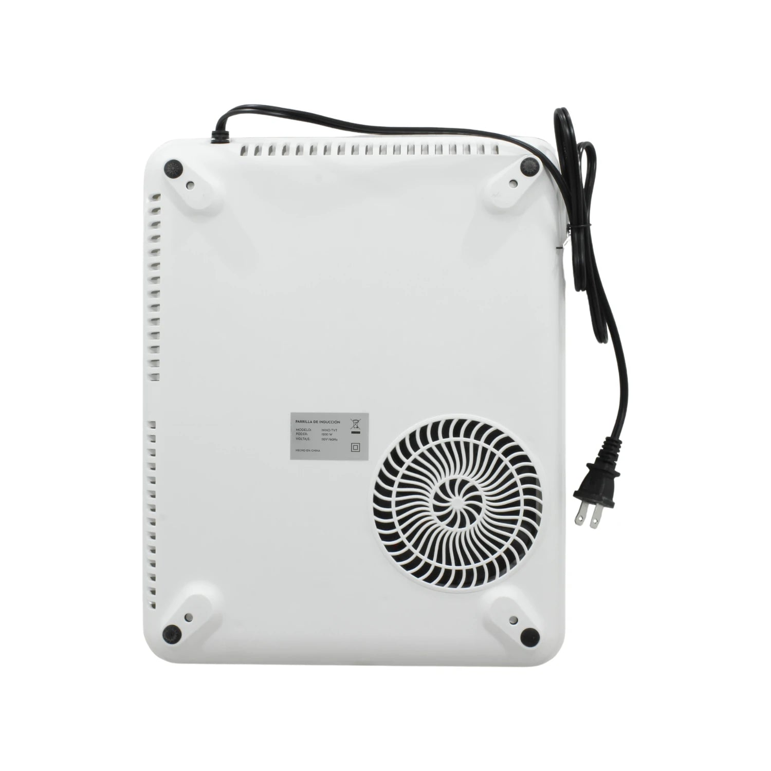 Base blanca de parrilla de inducción eléctrica con ventilador de enfriamiento, patas de goma antideslizantes y cable de corriente