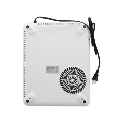Base blanca de parrilla de inducción eléctrica con ventilador de enfriamiento, patas de goma antideslizantes y cable de corriente