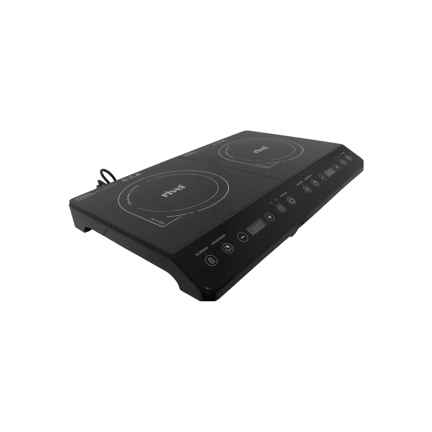 Parrilla de inducción Rivel negra de 2 quemadores con controles digitales y temporizador, ideal para cocina portátil