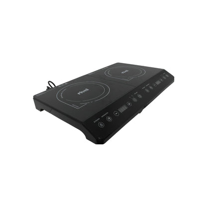 Parrilla de inducción Rivel negra de 2 quemadores con controles digitales y temporizador, ideal para cocina portátil