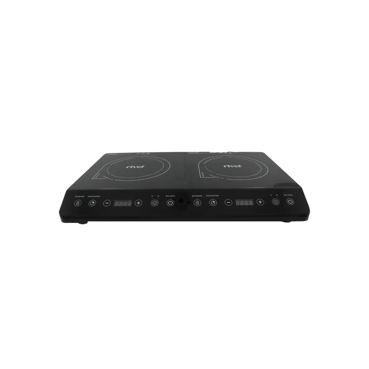 Parrilla de inducción Rivel negra de 2 quemadores con controles táctiles y pantalla digital para cocina moderna.