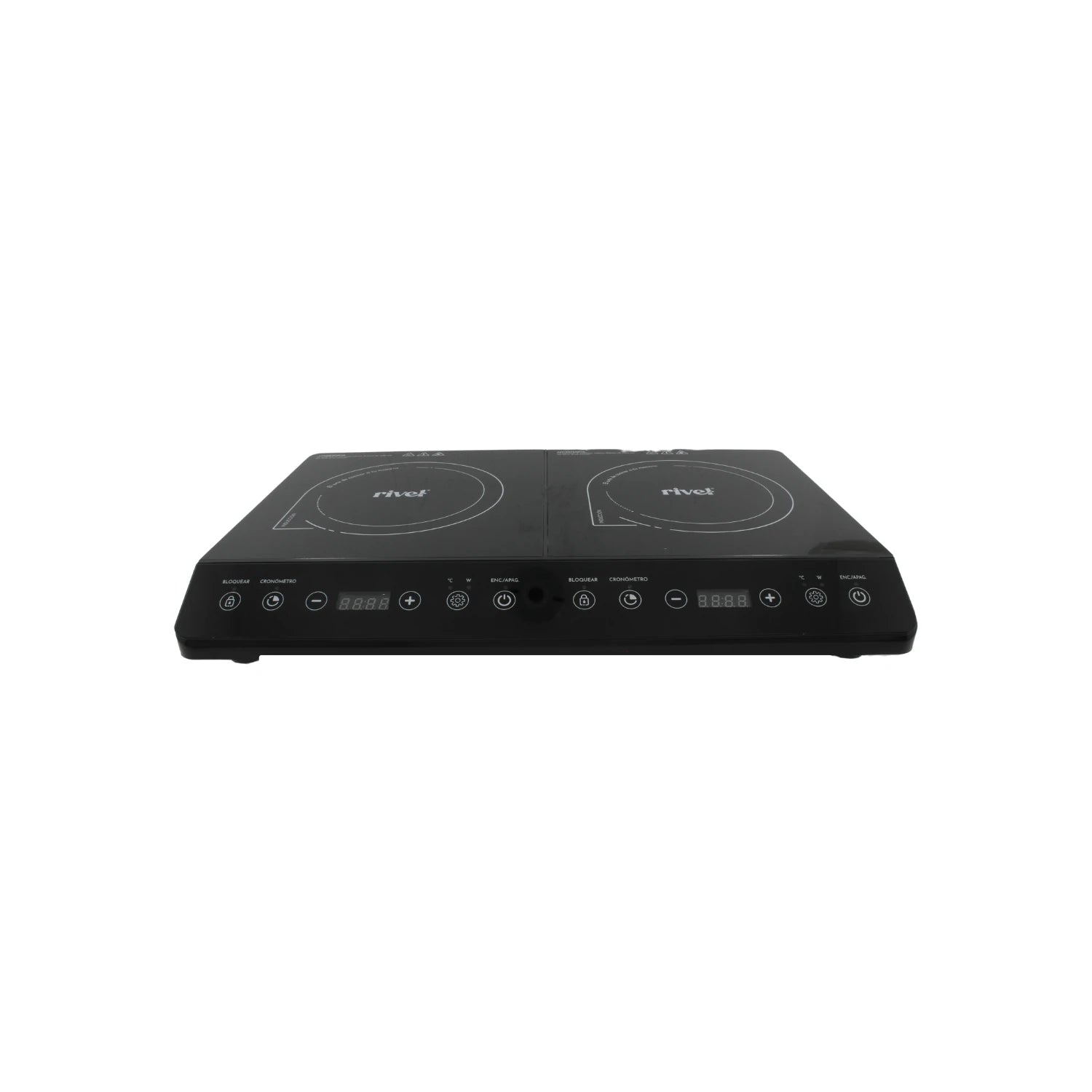 Parrilla de inducción Rivel negra de 2 quemadores con controles táctiles y pantalla digital para cocina moderna.