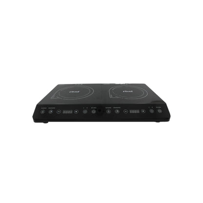Parrilla de inducción Rivel negra de 2 quemadores con controles táctiles y pantalla digital para cocina moderna.
