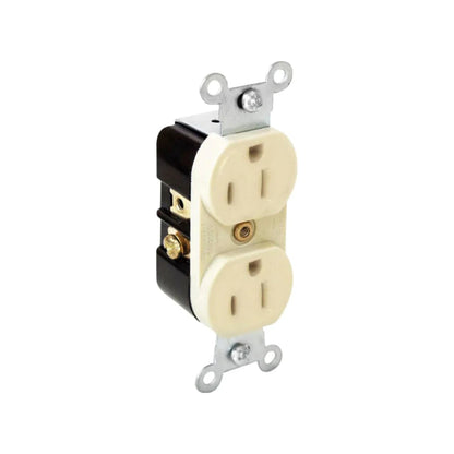 Contacto dúplex eléctrico marfil 15A 125V para instalaciones de pared estándar.