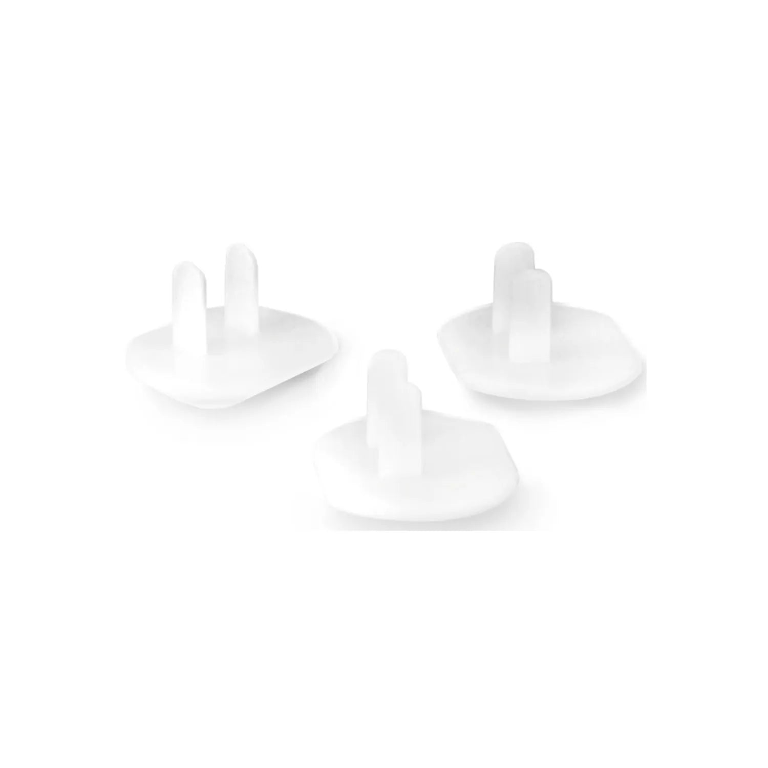 Tres protectores de enchufe blancos de plástico para seguridad infantil, tapas de corriente eléctrica.