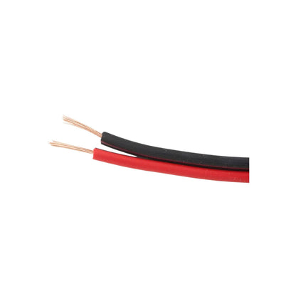 Cable eléctrico bicolor rojo y negro calibre 22, con filamentos de cobre expuestos.