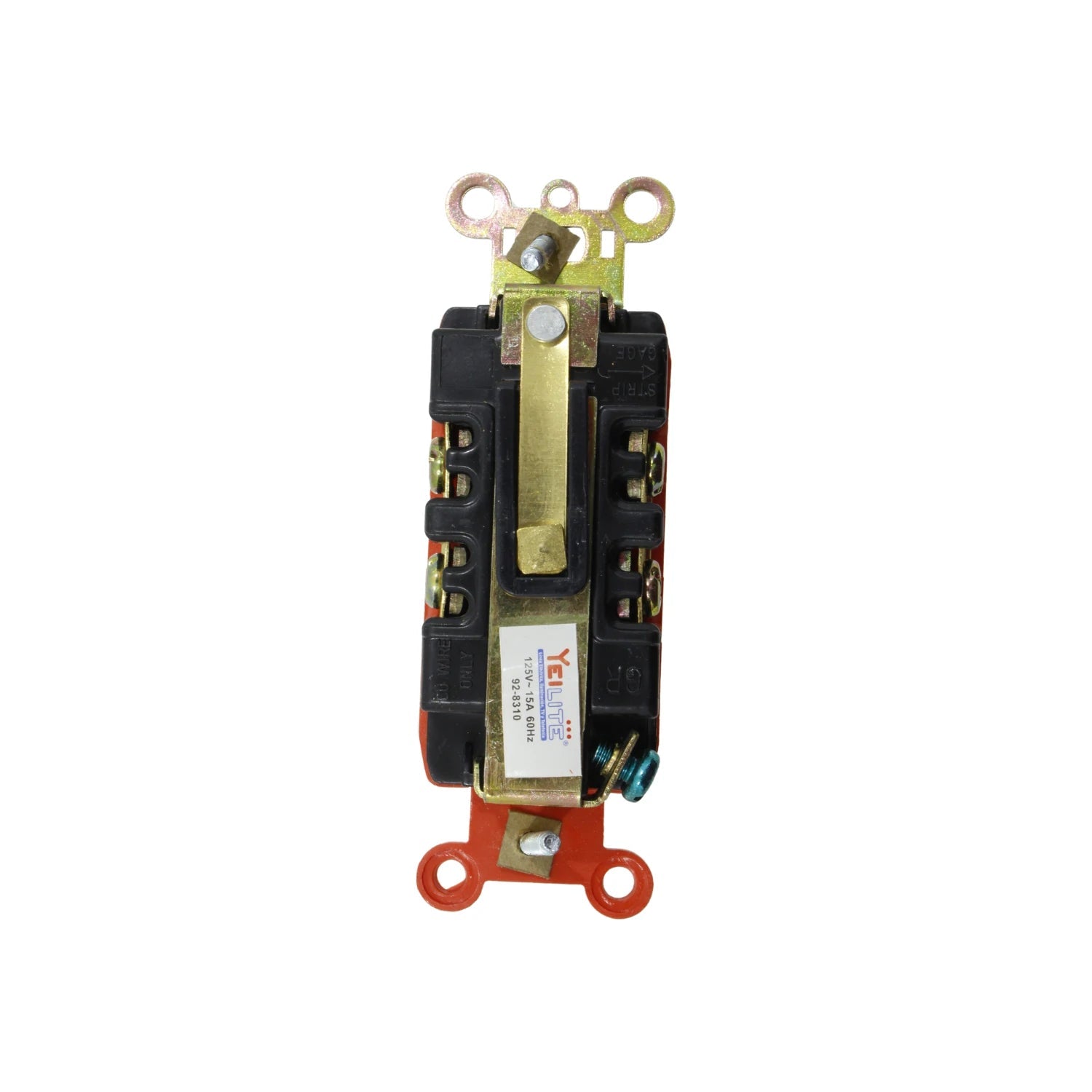 Contacto dúplex Yeilite naranja 15A 125V, vista trasera con terminales y etiqueta de especificaciones.
