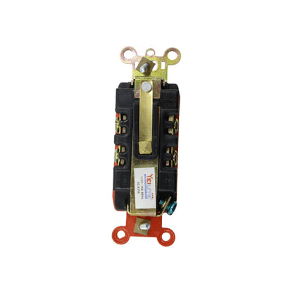Contacto dúplex Yeilite naranja 15A 125V, vista trasera con terminales y etiqueta de especificaciones.