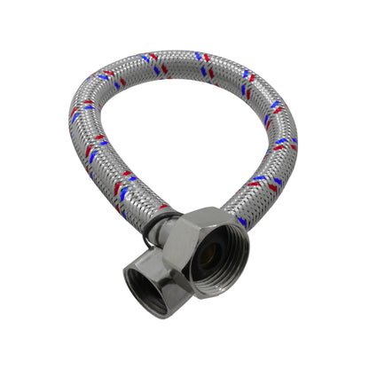 Flexible de agua trenzado de acero inoxidable con hilos rojos y azules para conexión de grifería y lavabo.