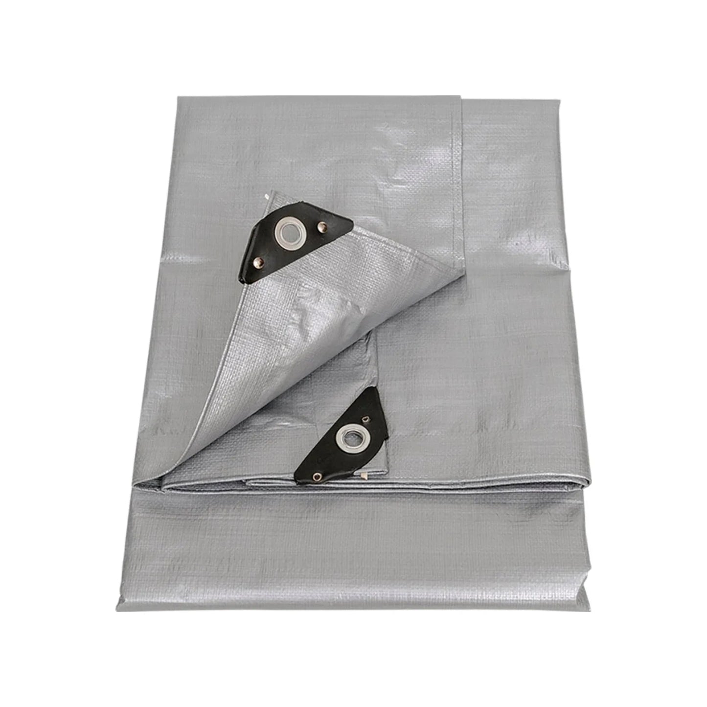 Lona gris plegada de uso rudo con ojales metálicos para protección exterior y cubierta multiusos