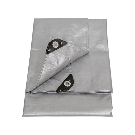 Lona gris plegada de uso rudo con ojales metálicos para protección exterior y cubierta multiusos
