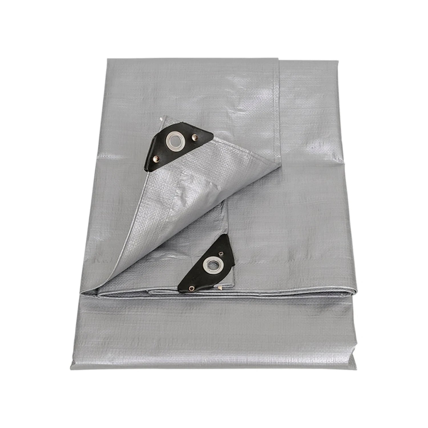 Lona gris grande de uso rudo con argollas, ideal para protección impermeable y resistente en exteriores.