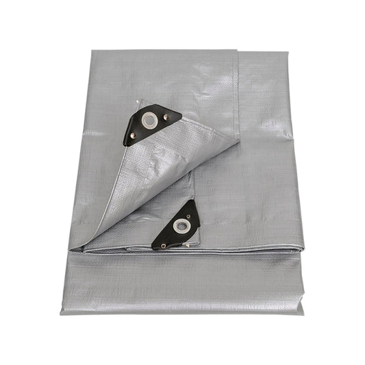 Lona gris grande de uso rudo con argollas, ideal para protección impermeable y resistente en exteriores.