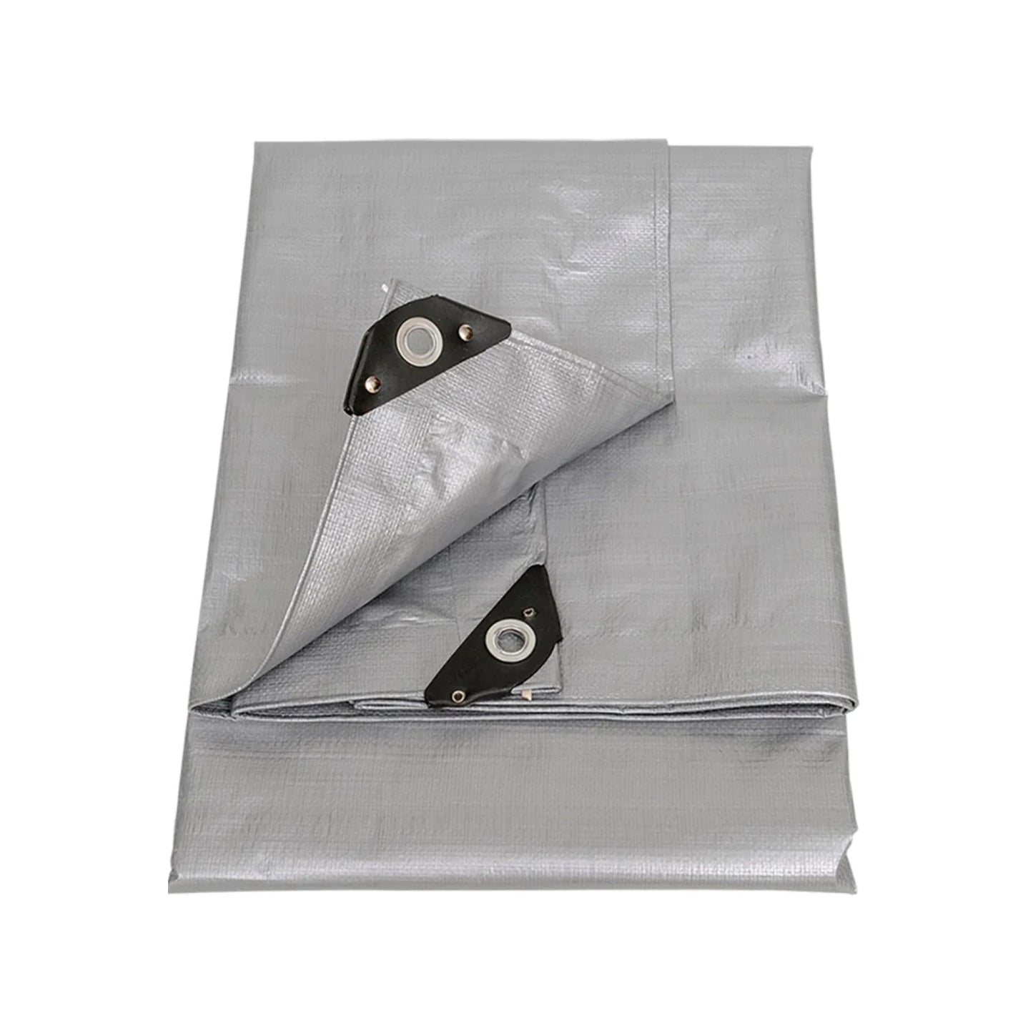 Lona impermeable gris de uso rudo plegada, con ojales reforzados para protección exterior.