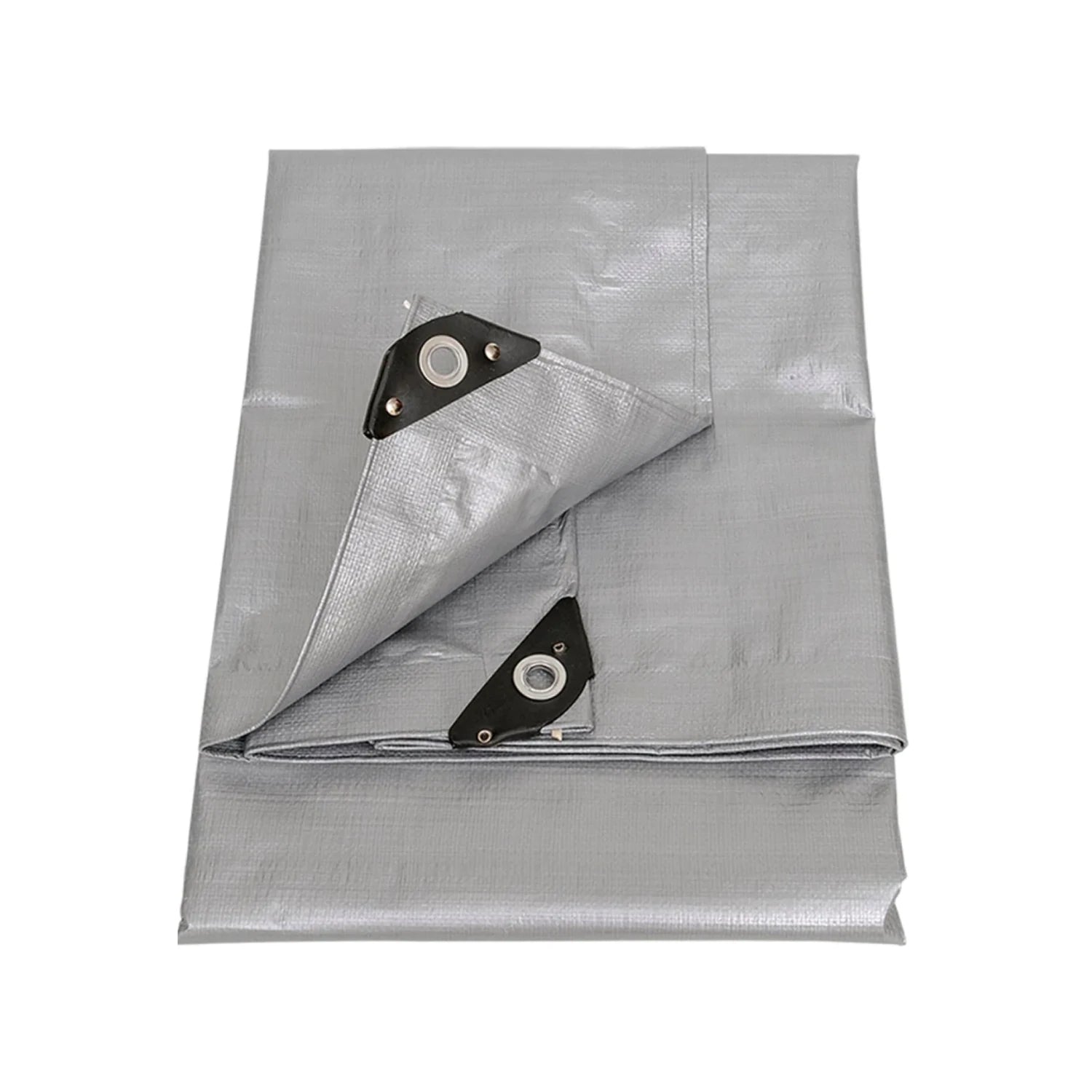Lona impermeable gris de uso rudo plegada, con ojales reforzados para protección exterior.