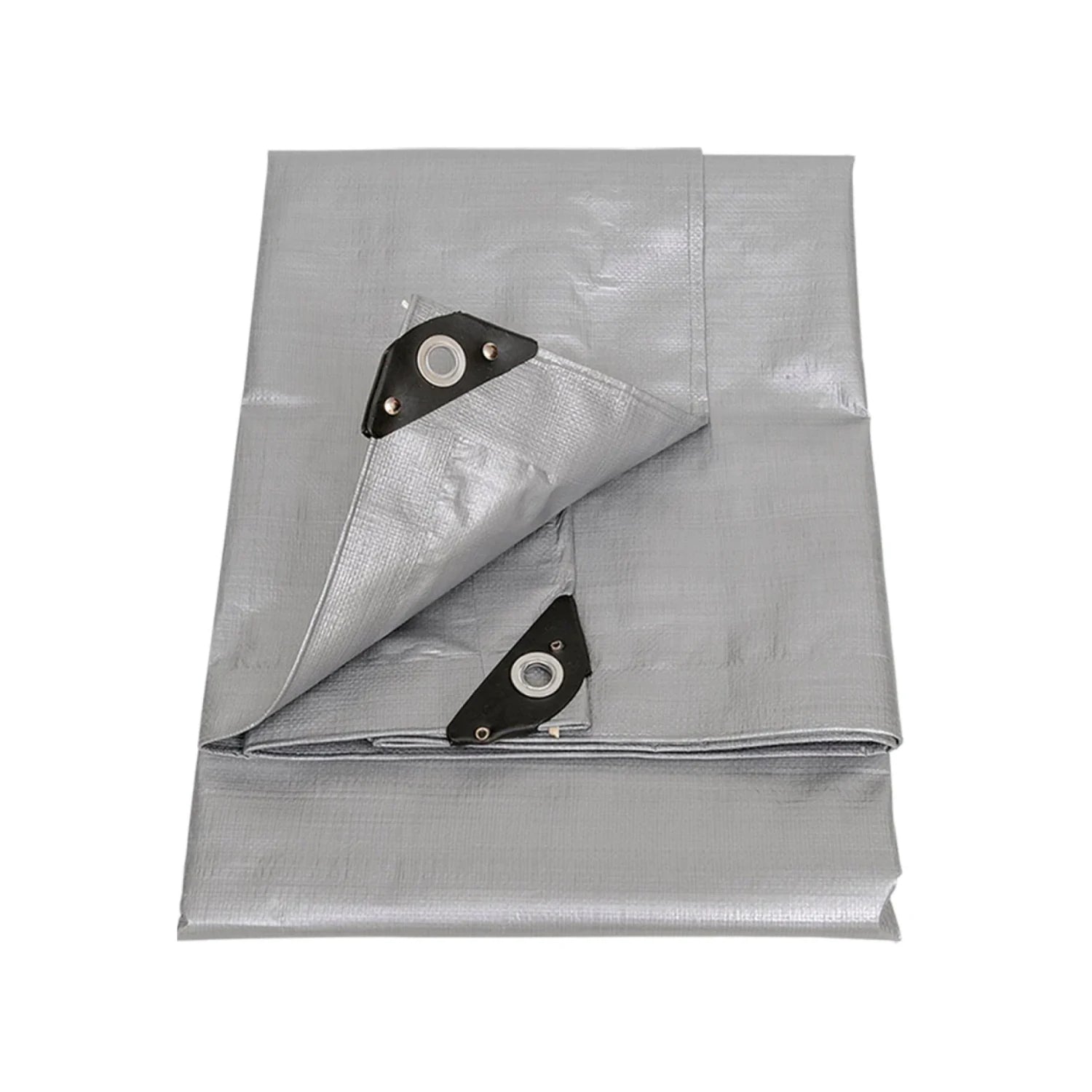 Lona impermeable gris de uso rudo plegada, con ojales metálicos y refuerzos triangulares para protección exterior.