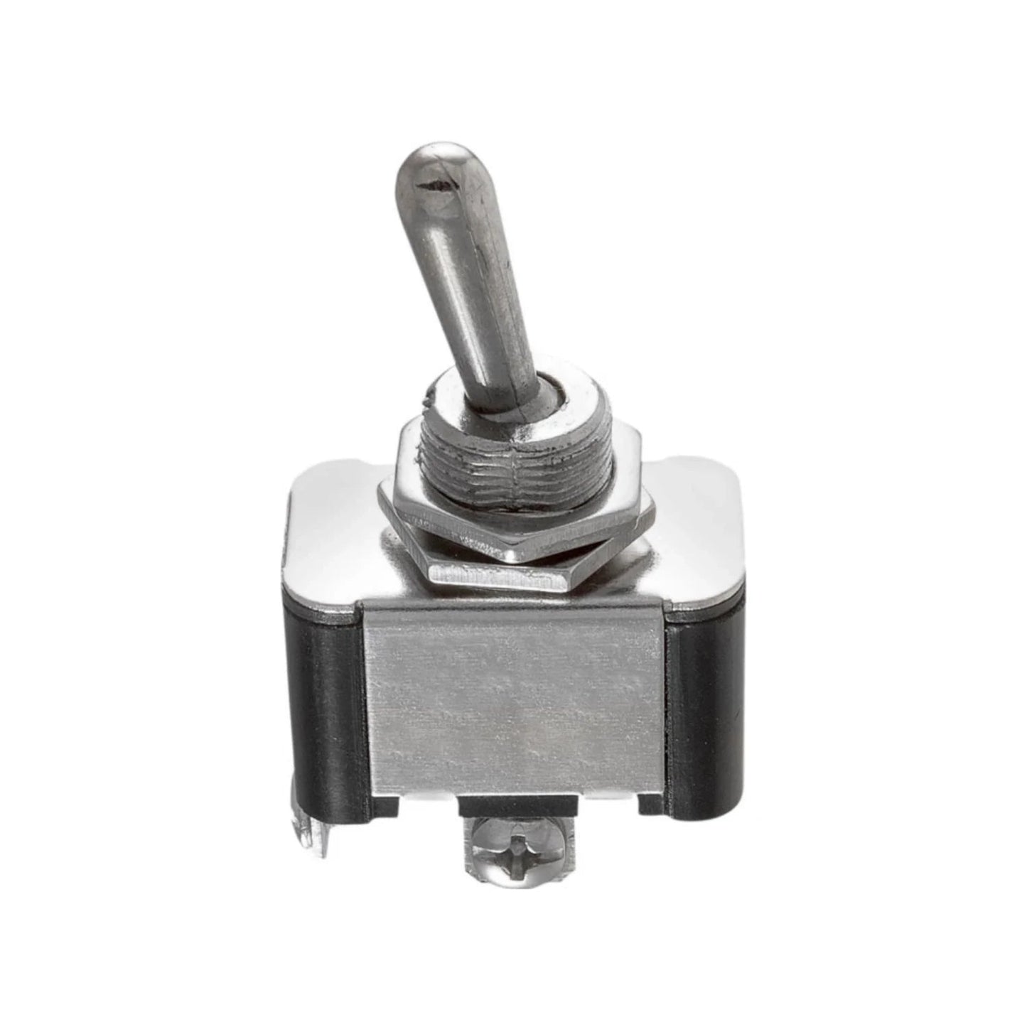 Interruptor de palanca metálico de dos posiciones con terminales de tornillo para control eléctrico.