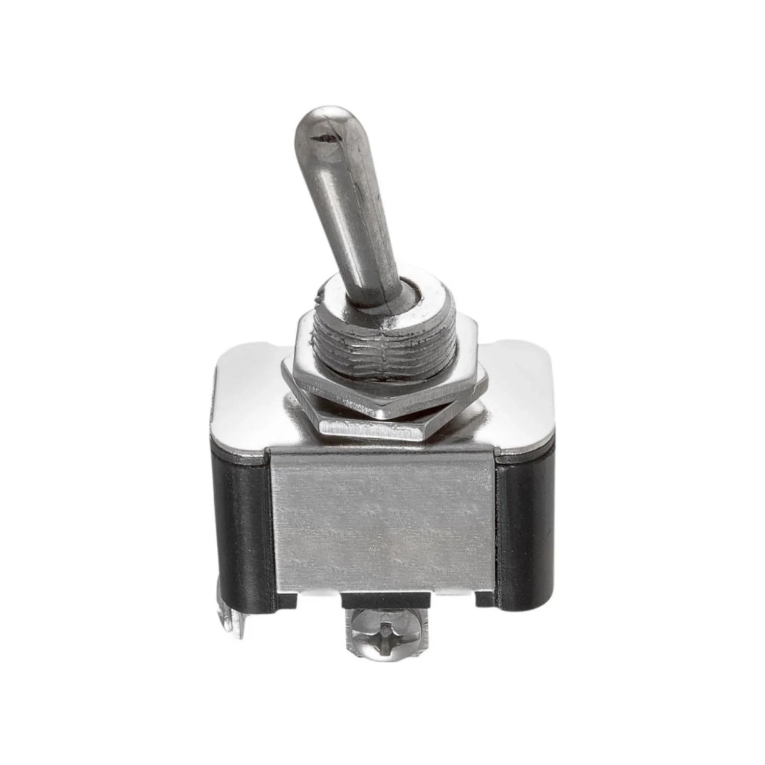 Interruptor de palanca metálico de dos posiciones con terminales de tornillo para control eléctrico.