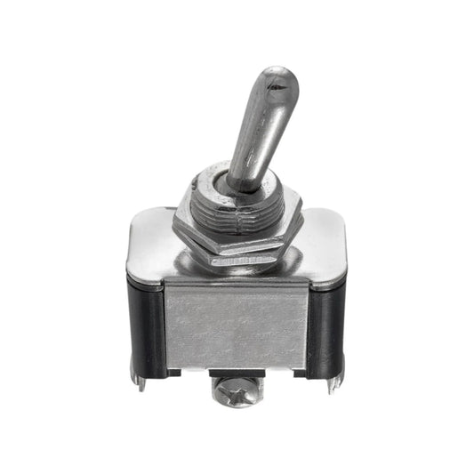 Interruptor de palanca metálico con tres terminales, acabado cromado para aplicaciones eléctricas.