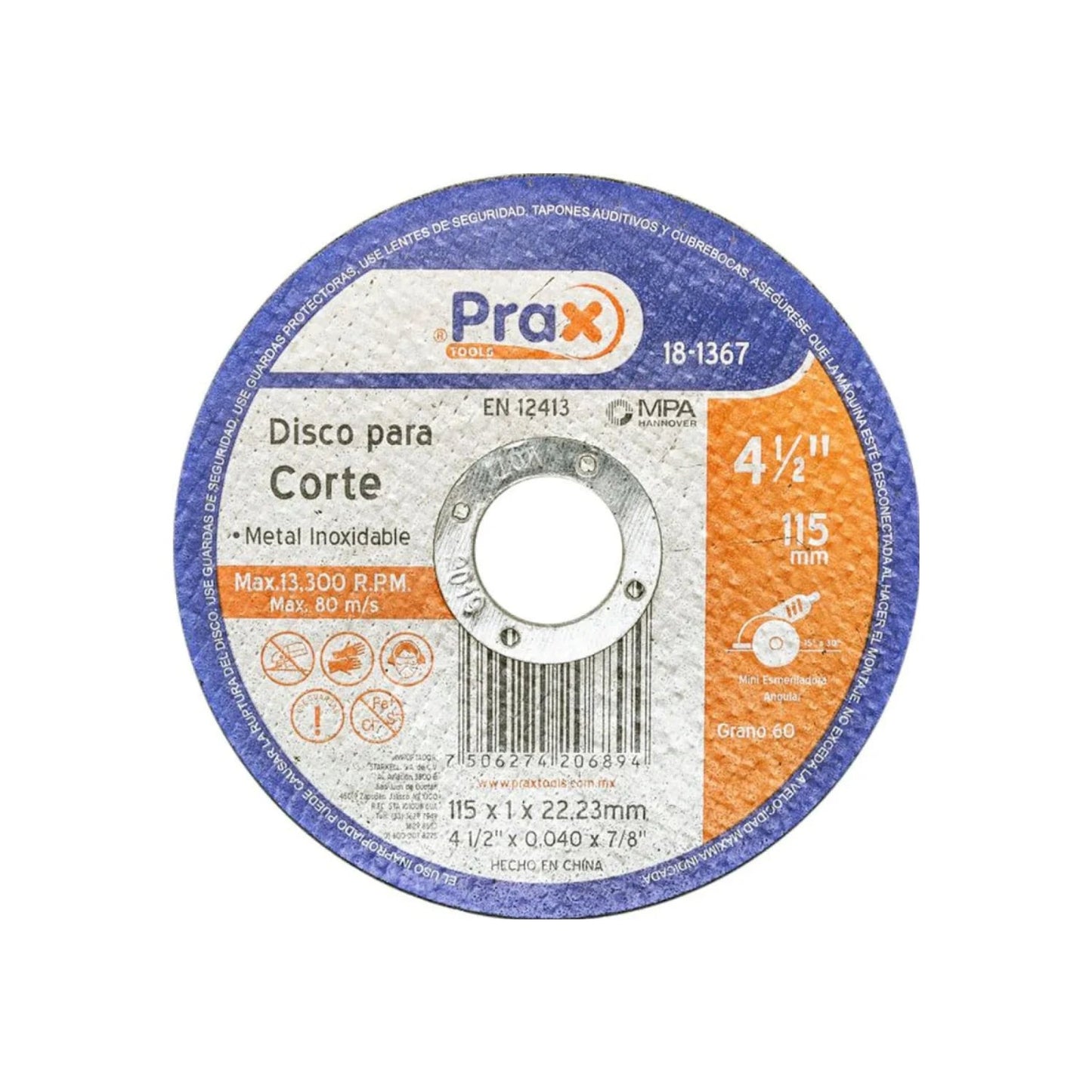 Disco de corte Prax Tools 4 1/2" para acero inoxidable, 115x1mm, grano 60, para esmeriladora.