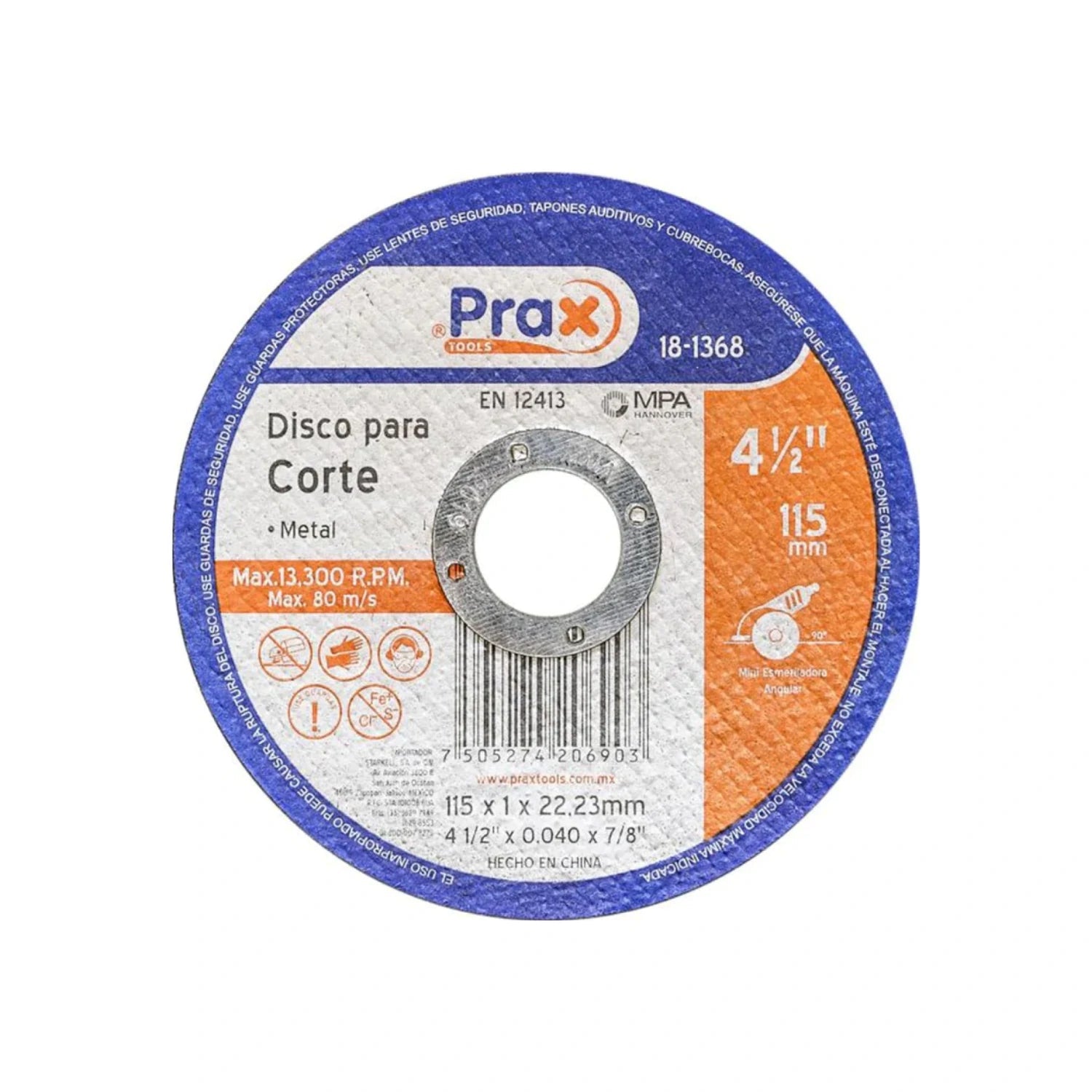 Disco de corte Prax Tools 4 1/2 pulgadas para metal, 115mm x 1mm, ideal para mini esmeriladora angular.
