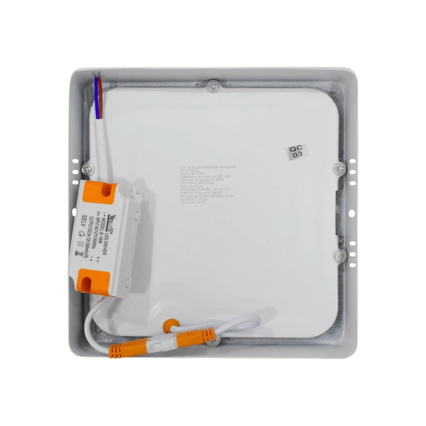 Lámpara panel LED cuadrada Yeilite de 12W para sobreponer, vista trasera con driver y conexiones eléctricas.