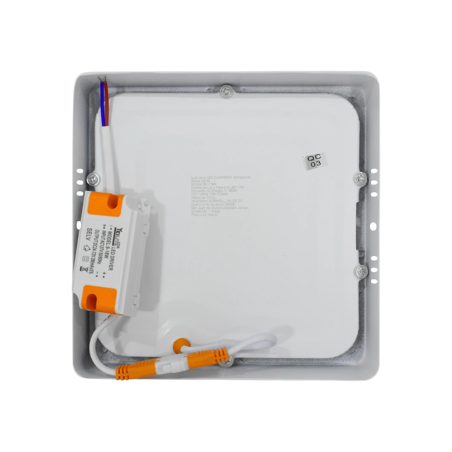 Lámpara panel LED cuadrada Yeilite de 12W para sobreponer, vista trasera con driver y conexiones eléctricas.