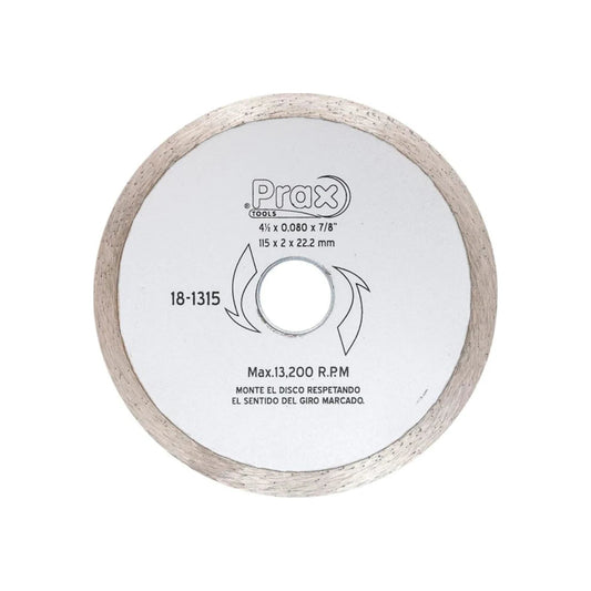 Disco diamantado Prax Tools 4 1/2" (115mm) corona continua para corte de cerámica, porcelanato y azulejos.