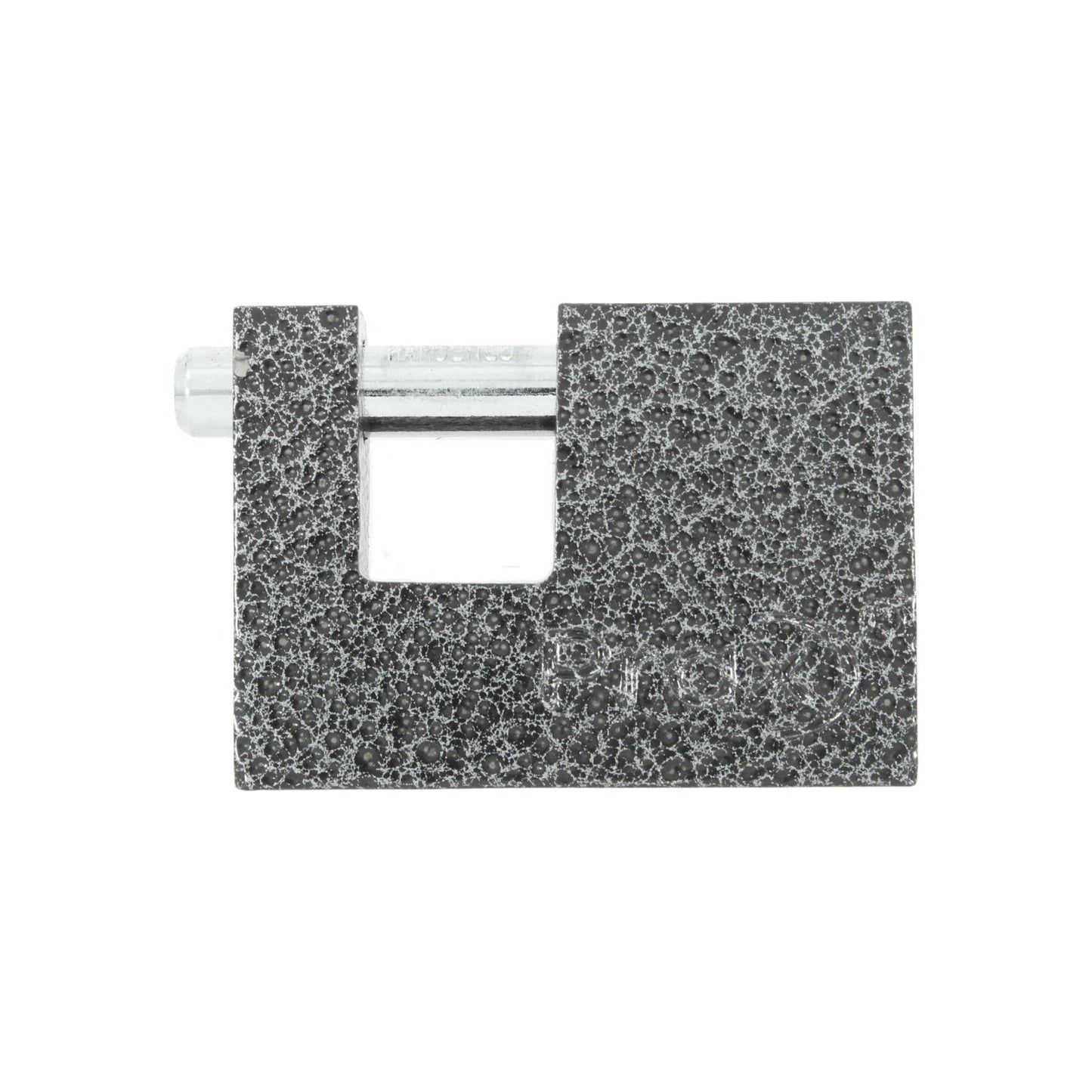 Candado de seguridad rectangular negro con acabado martillado, ideal para cortinas metálicas
