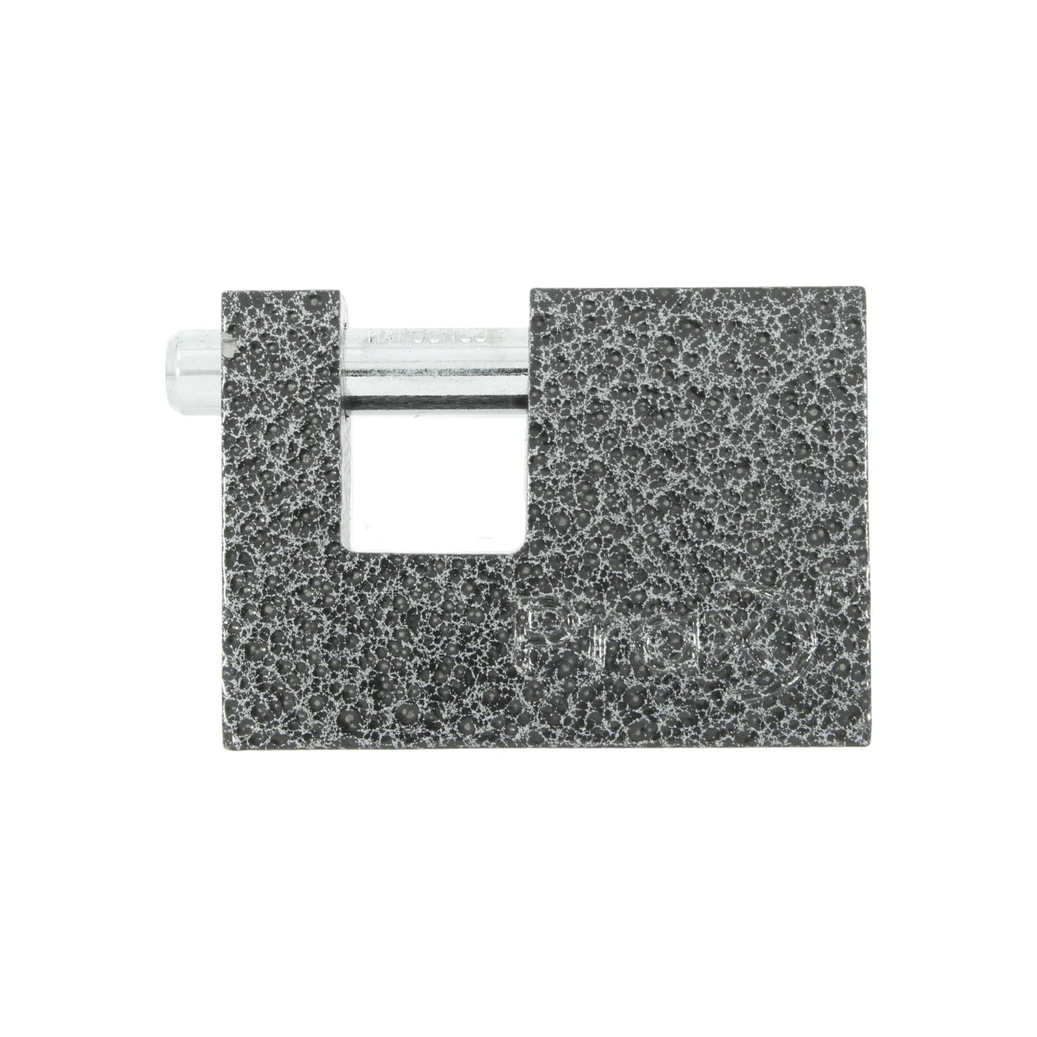 Candado de seguridad rectangular negro con acabado martillado, ideal para cortinas metálicas