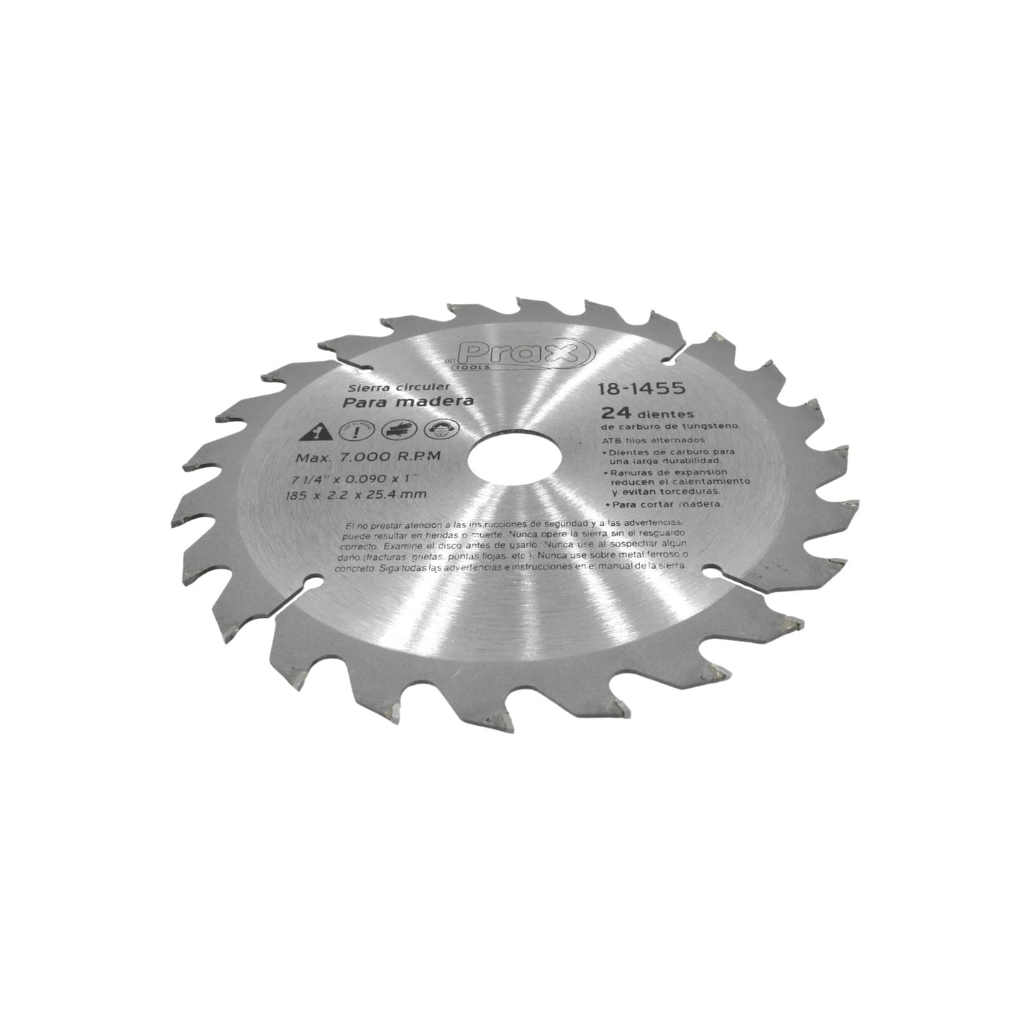 Disco sierra circular Prax 7 1/4" 24 dientes de carburo de tungsteno para madera, mod. 18-1455