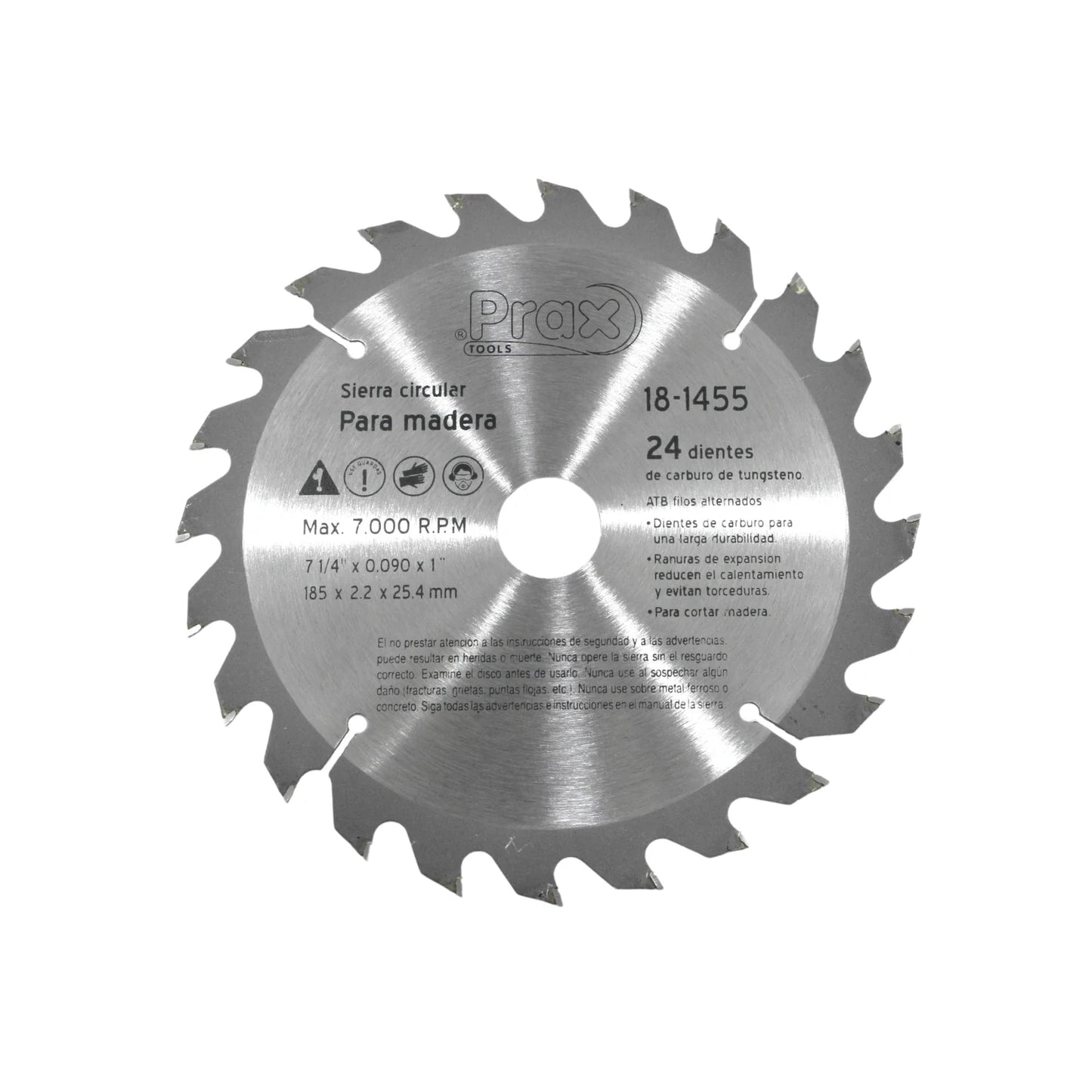 Disco sierra circular Prax 18-1455 7 1/4" 24 dientes carburo tungsteno para madera