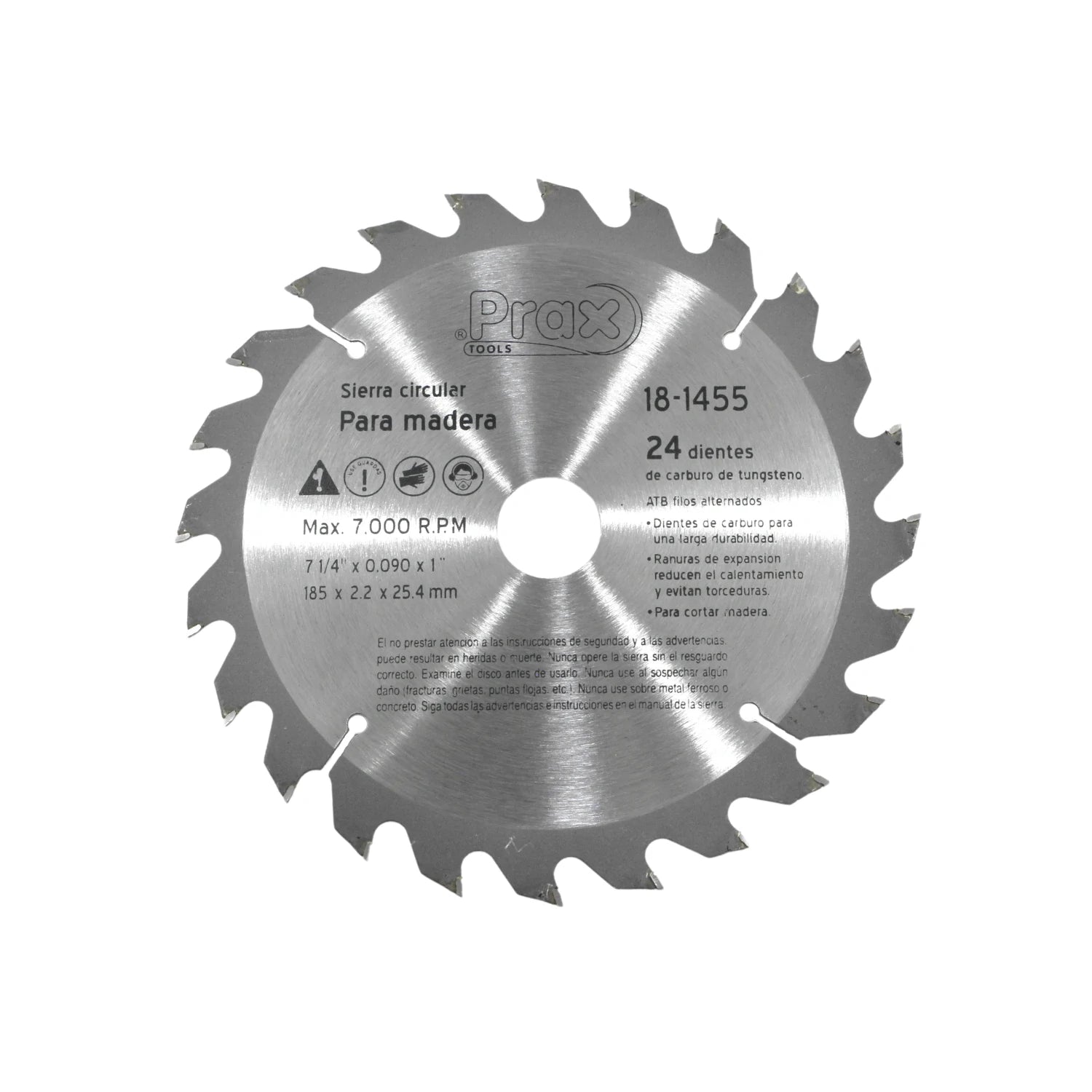 Disco sierra circular Prax 18-1455 7 1/4" 24 dientes carburo tungsteno para madera