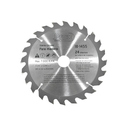 Disco sierra circular Prax 18-1455 7 1/4" 24 dientes carburo tungsteno para madera