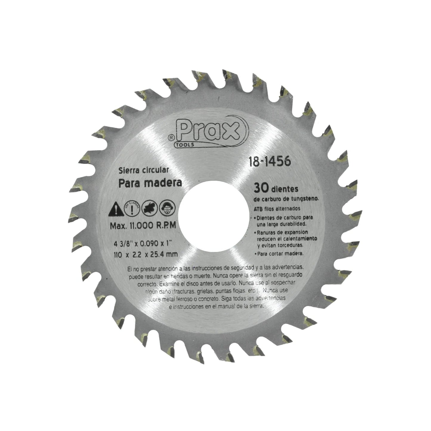 Disco sierra circular Prax para madera 4 3/8" 30 dientes carburo, cortes precisos.