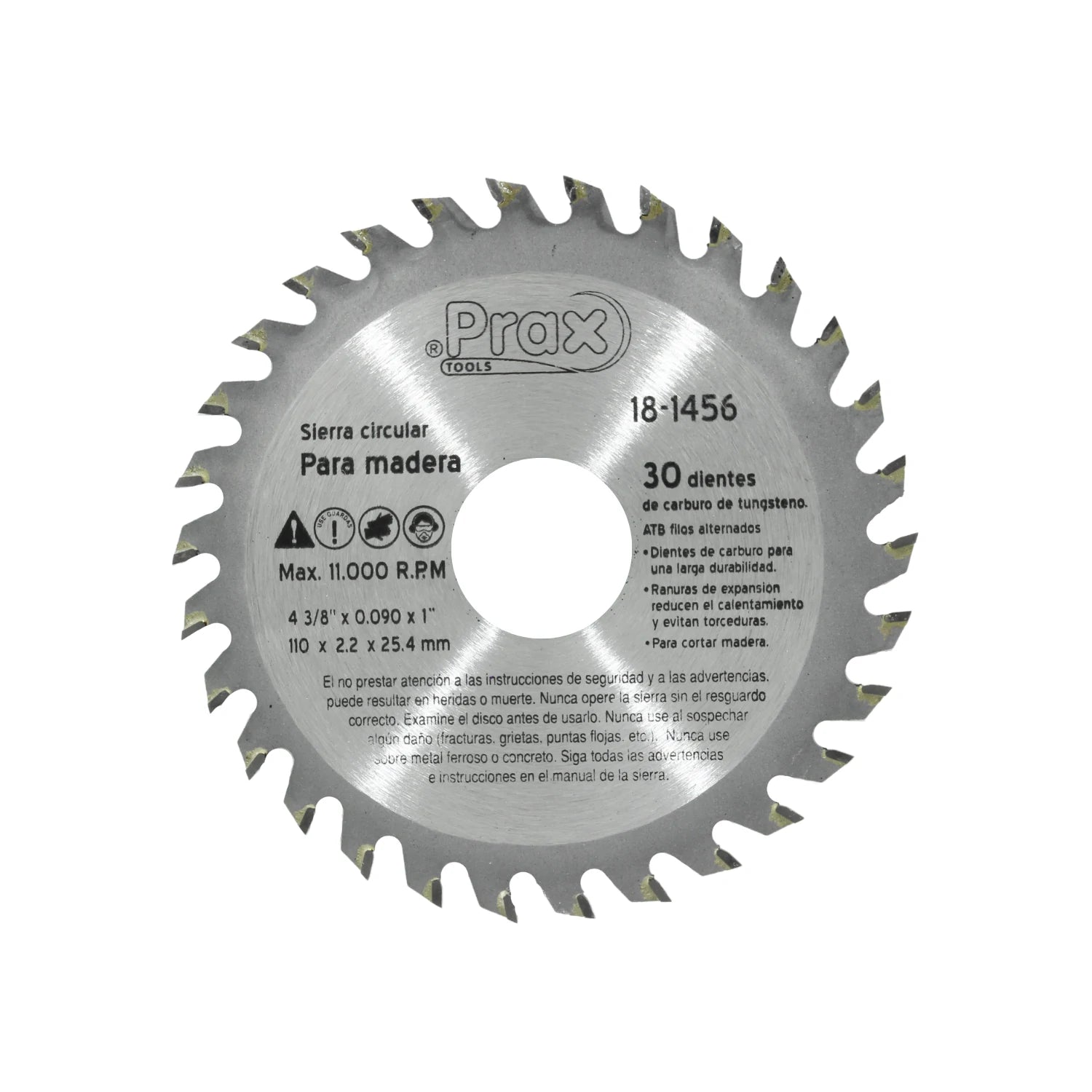 Disco sierra circular Prax para madera 4 3/8" 30 dientes carburo, cortes precisos.