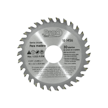 Disco sierra circular Prax para madera 4 3/8" 30 dientes carburo, cortes precisos.