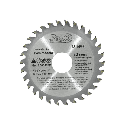 Disco sierra circular Prax para madera 4 3/8" 30 dientes carburo, cortes precisos.