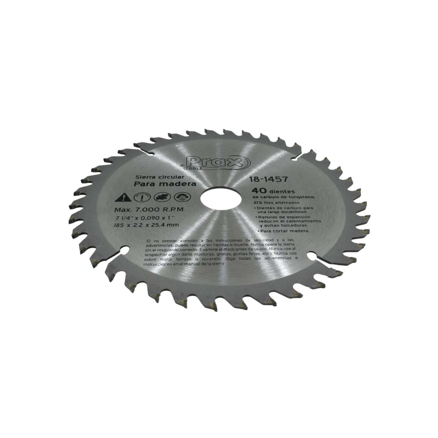 Disco sierra circular Prax 18-1457 para madera, 7 1/4", 40 dientes de carburo, 7000 RPM