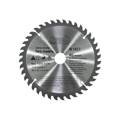 Disco sierra circular Prax plateado de 7 1/4" y 40 dientes de carburo de tungsteno para cortar madera.