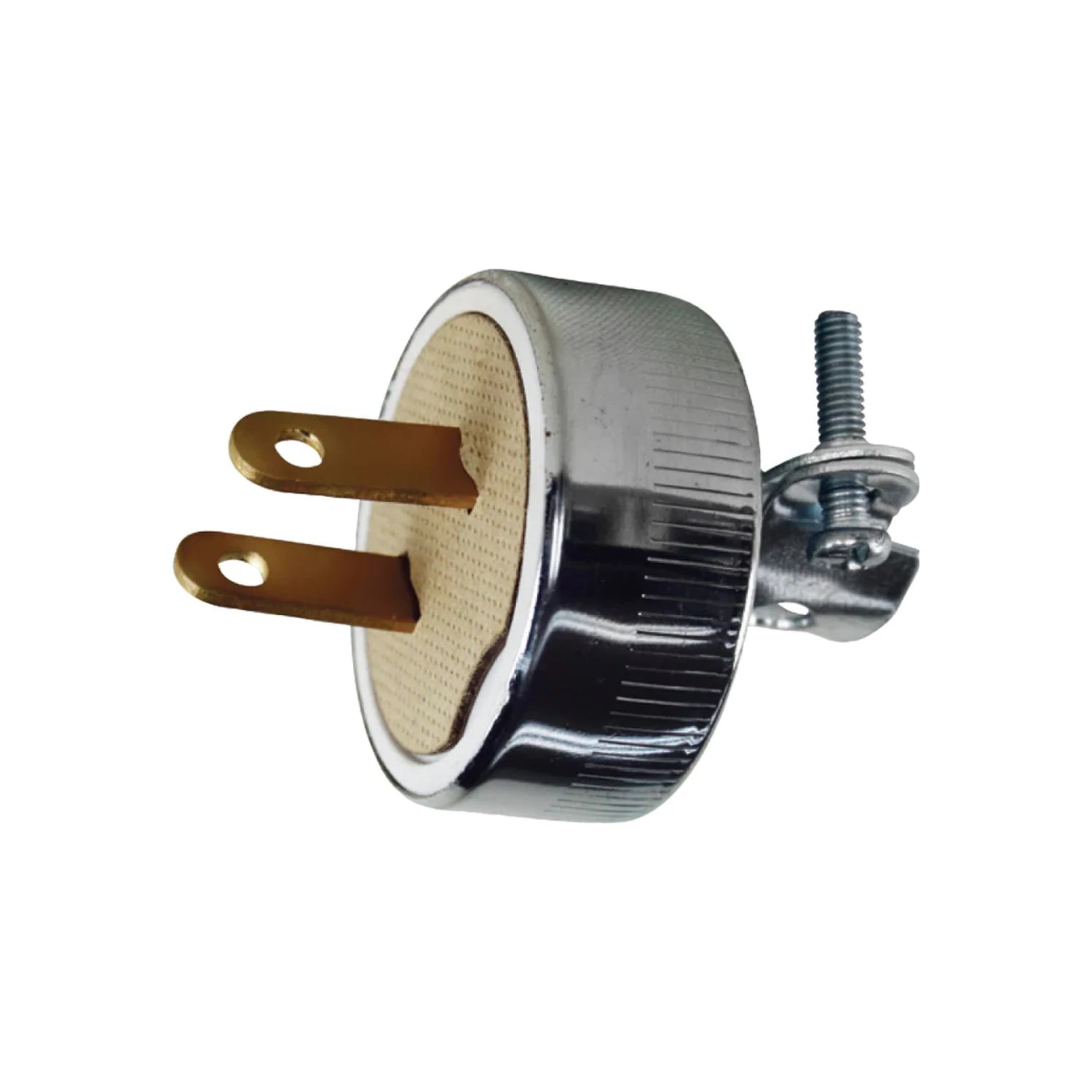 Clavija eléctrica industrial metálica cromada con dos patas planas y tornillo de ajuste