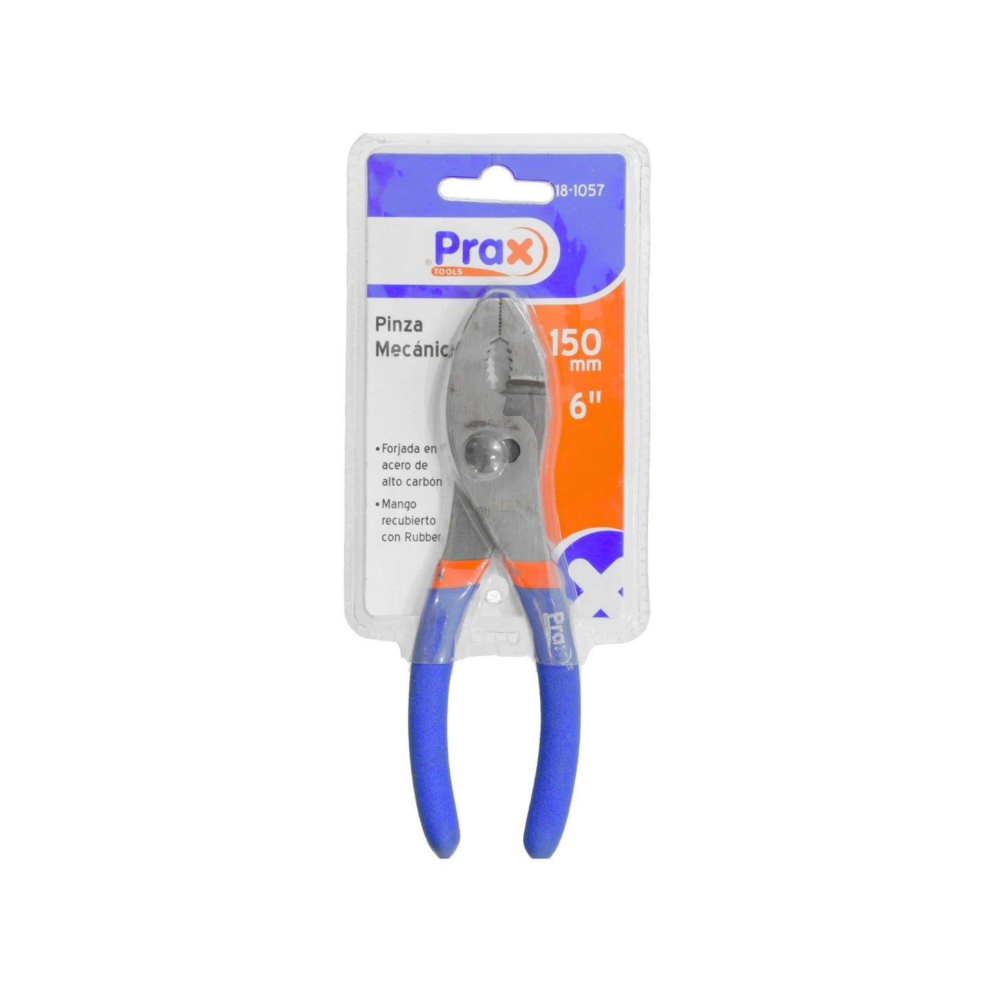 Pinza mecánica Prax 6" (150mm) acero alto carbono, mangos azules recubiertos de goma.